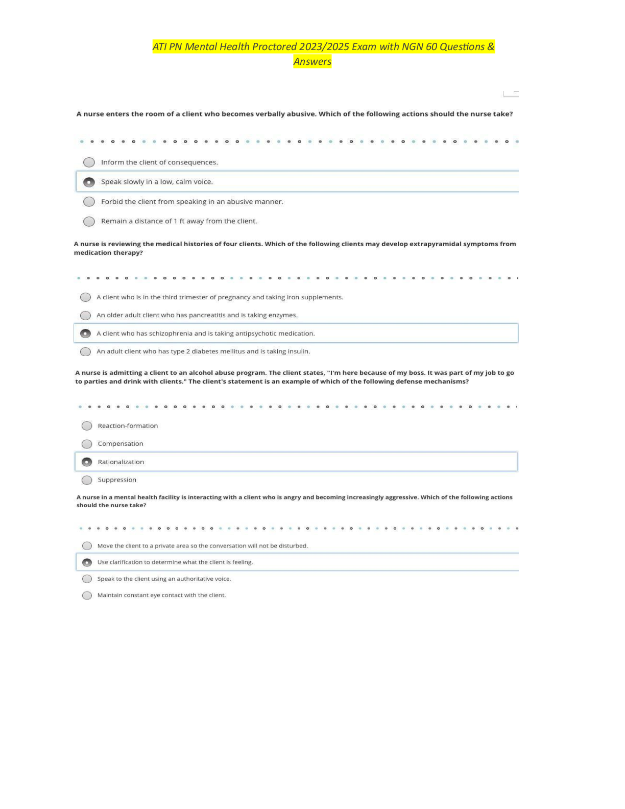 Preview image for PN ATI Mental Health  2023/2025 Proctored Exam with NGN 60 Questions & Rationales.