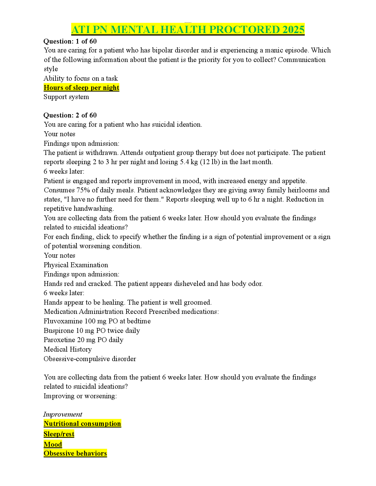 Preview image for PN ATI Mental Health  2023/2025 Proctored Exam with NGN 60 Questions & Rationales.