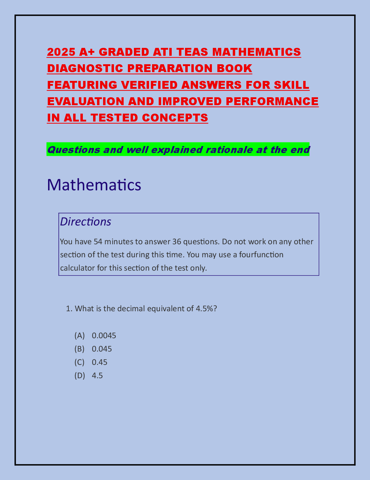 Preview image for 2025 A+ GRADED ATI TEAS MATHEMATICS DIAGNOSTIC PREPARATION BOOK FEATURING VERIFIED ANSWERS FOR SKILL EVALUATION AND IMPROVED PERFORMANCE IN ALL TESTED CONCEPTS