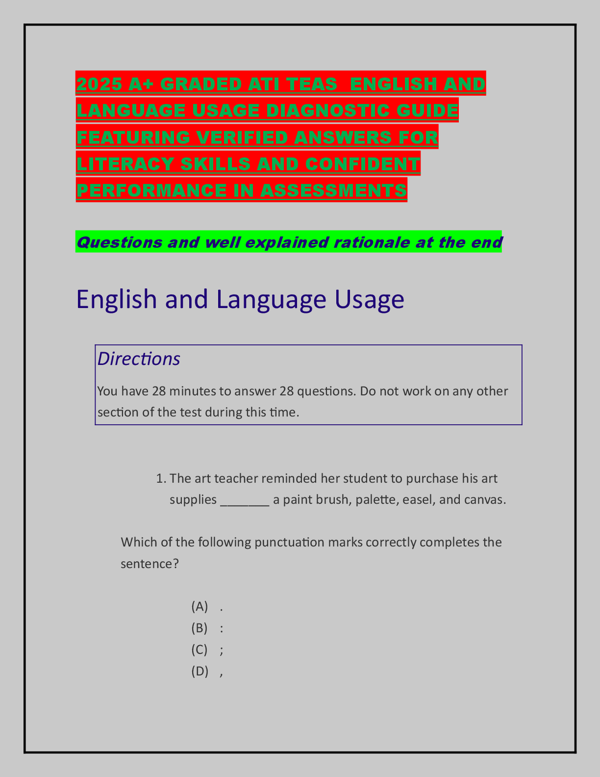 Preview image for 2025 A+ GRADED ATI TEAS  ENGLISH AND LANGUAGE USAGE DIAGNOSTIC GUIDE FEATURING VERIFIED ANSWERS FOR LITERACY SKILLS AND CONFIDENT PERFORMANCE IN ASSESSMENTS