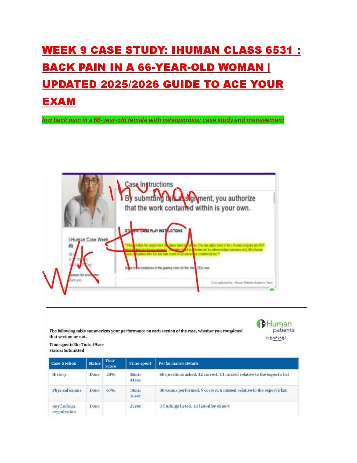 Preview image for WEEK 9 CASE STUDY: IHUMAN CLASS 6531 : BACK PAIN IN A 66-YEAR-OLD WOMAN | UPDATED 2025/2026 GUIDE TO ACE YOUR EXAM