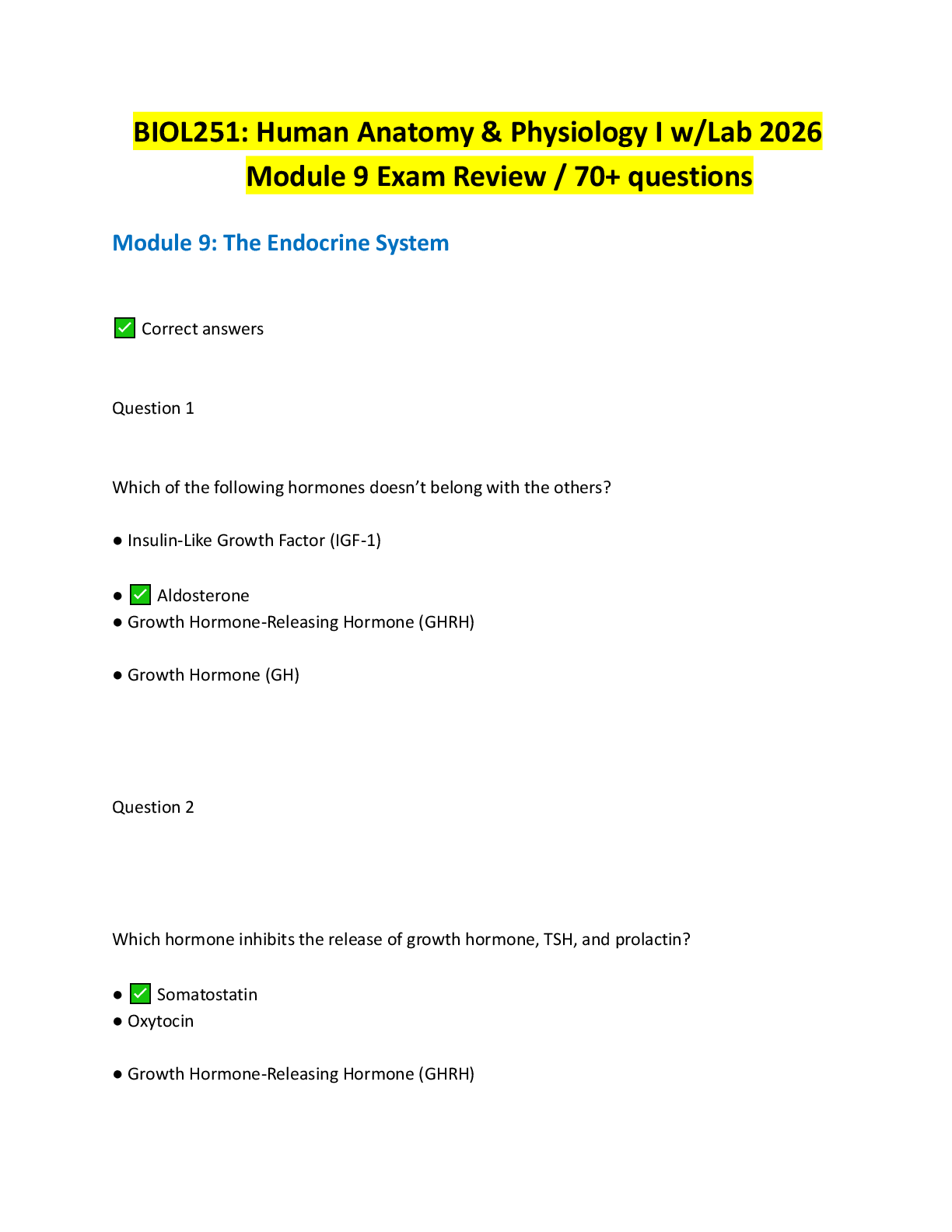 Preview image for BIOL251: Human Anatomy & Physiology I w/Lab 2026  Module 9 Exam Review / 70+ questions