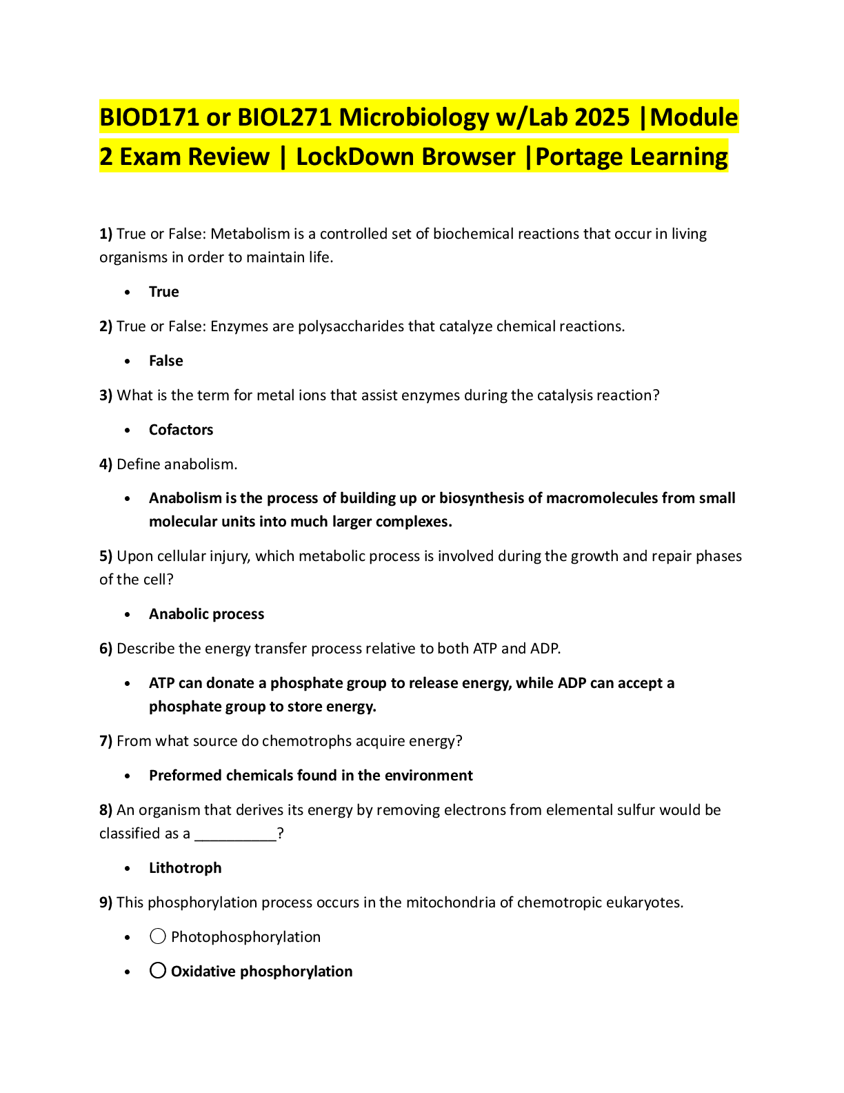 Preview image for BIOD171 or BIOL271 Microbiology w/Lab 2025 |Module  2 Exam Review | LockDown Browser |Portage Learning