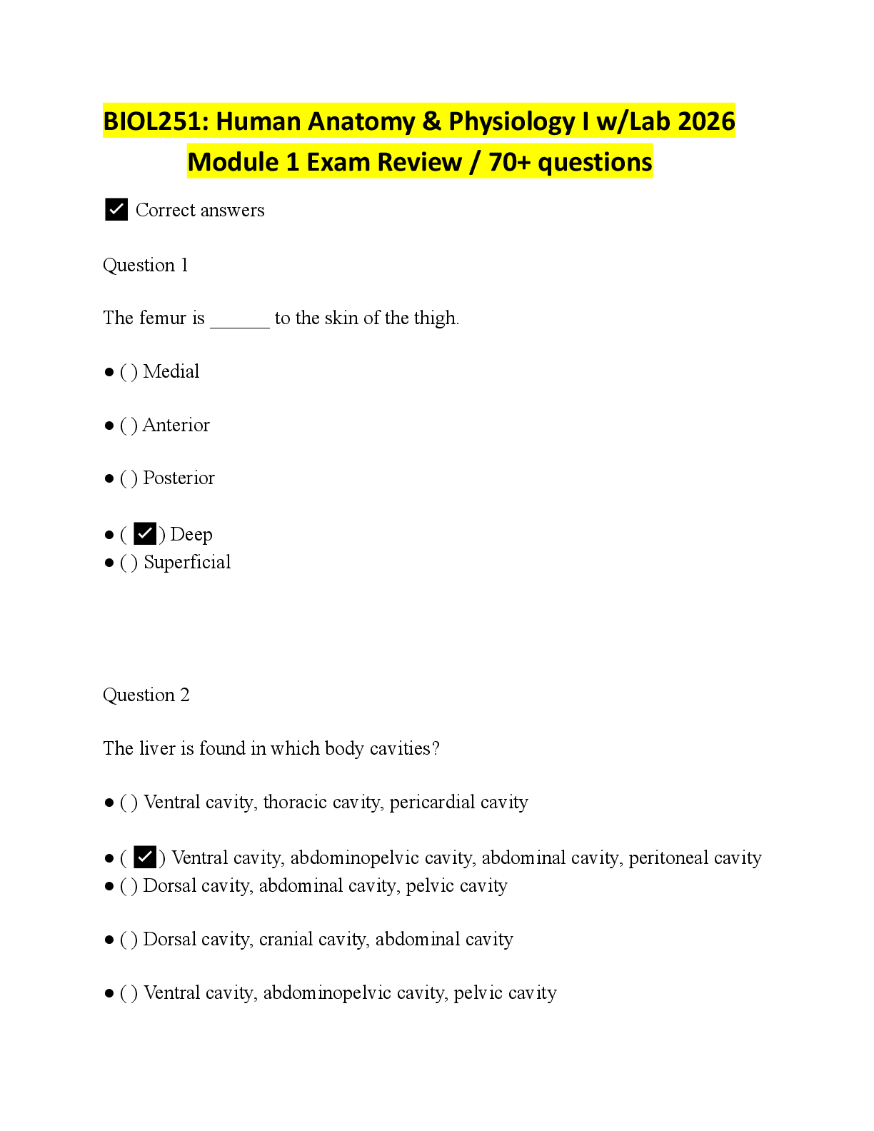 Preview image for BIOL251: Human Anatomy & Physiology I w/Lab 2026  Module 1 Exam Review / 70+ questions
