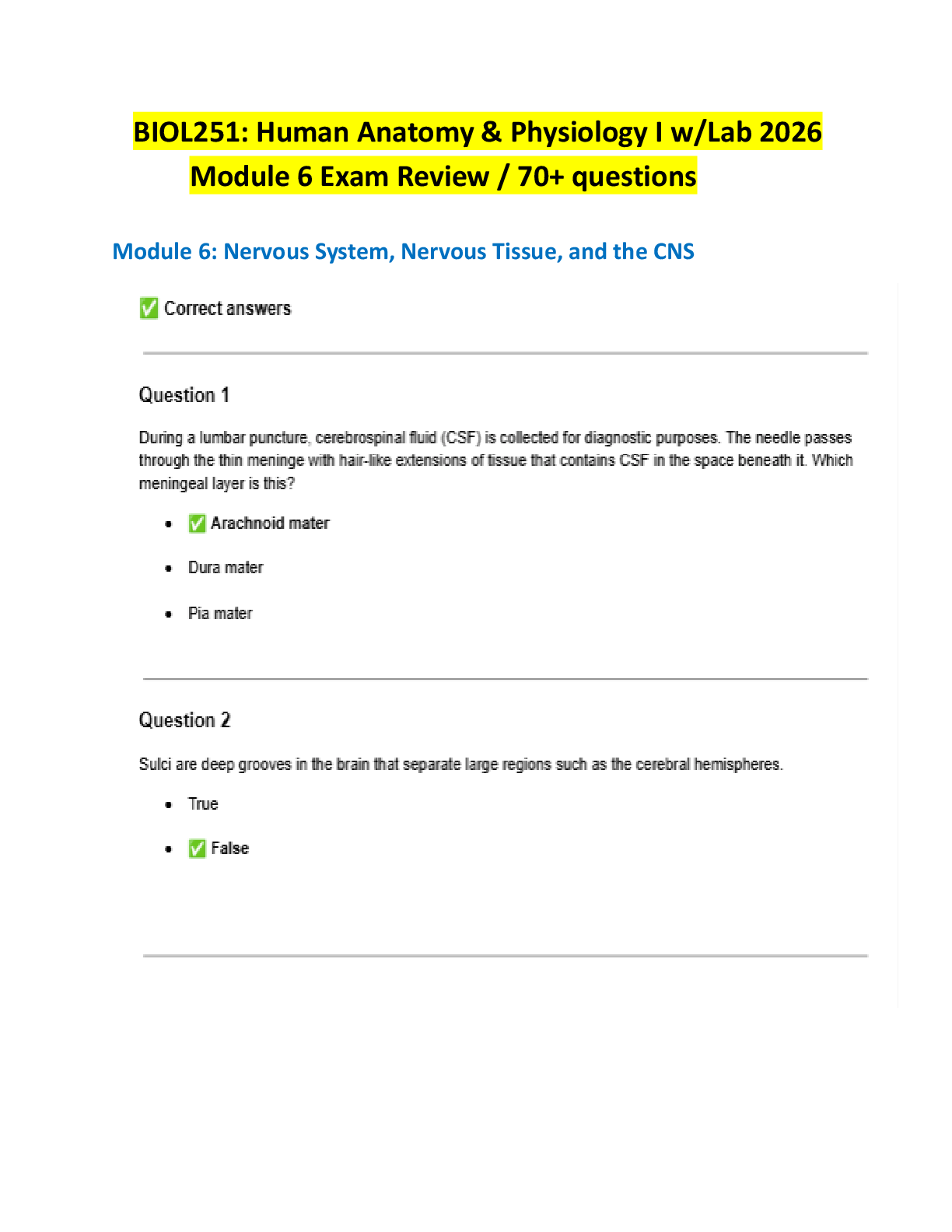 Preview image for BIOL251: Human Anatomy & Physiology I w/Lab 2026  Module 6 Exam Review / 70+ questions
