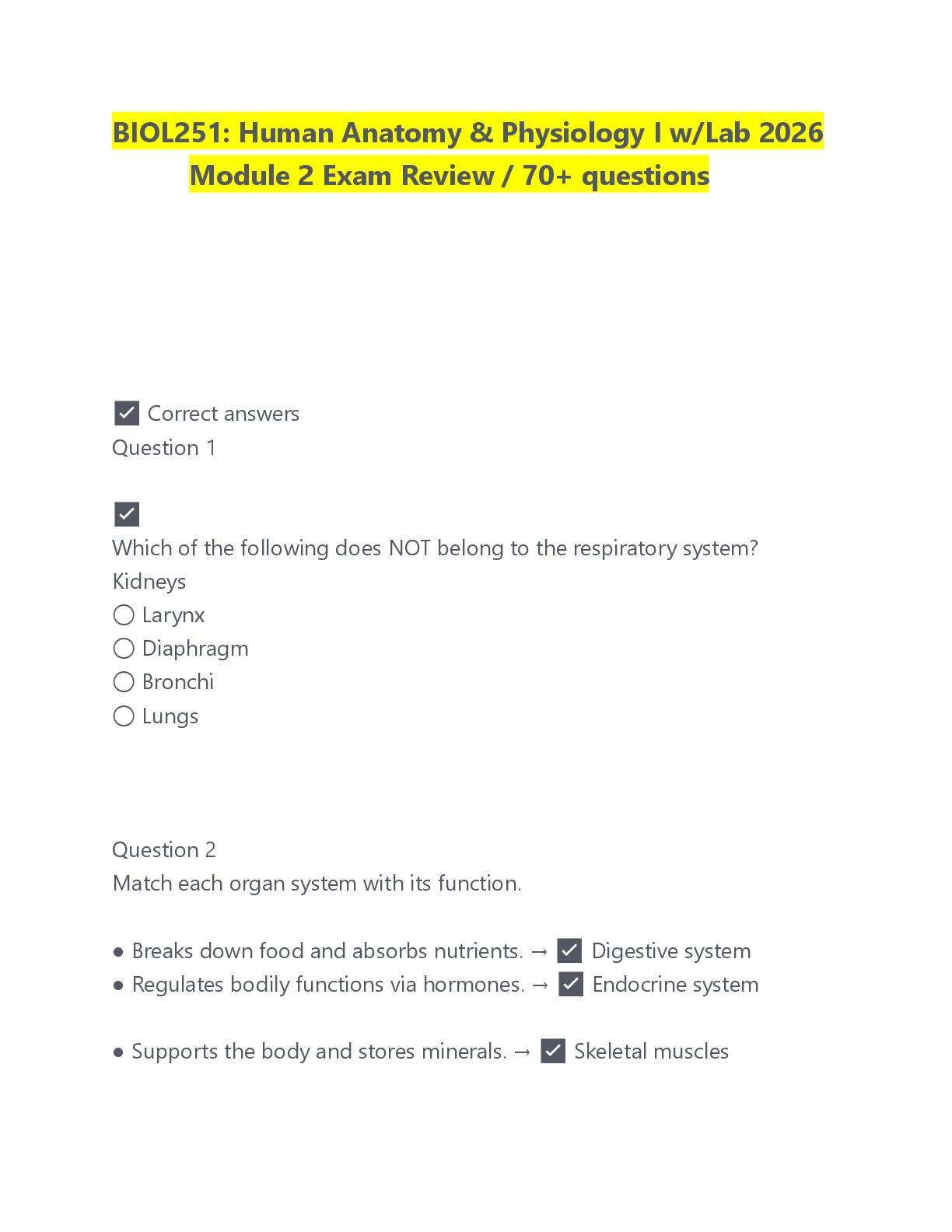 Preview image for BIOL251: Human Anatomy & Physiology I w/Lab 2026  Module 2 Exam Review / 70+ questions