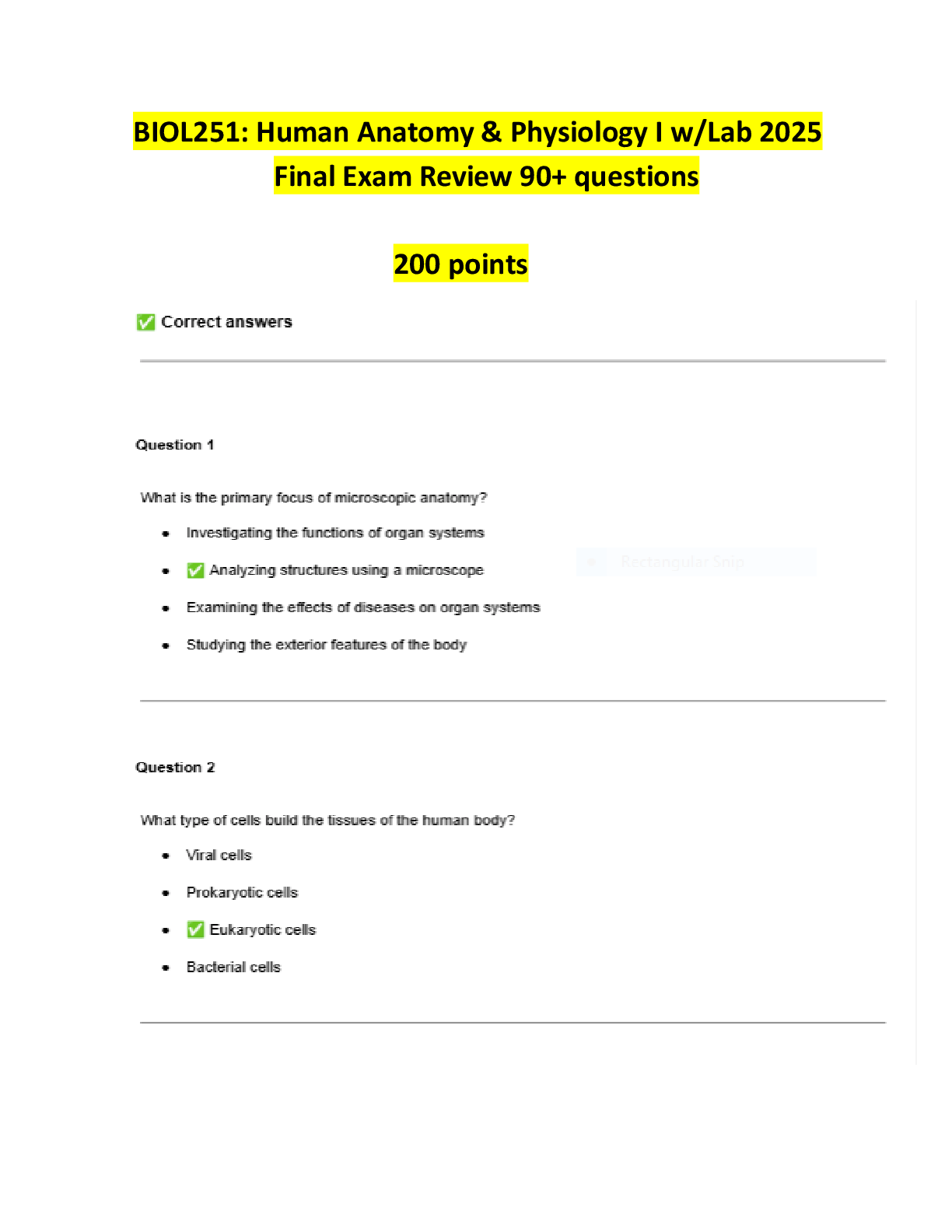 Preview image for BIOL251: Human Anatomy & Physiology I w/Lab 2025  Final Exam Review 90+ questions  200 points