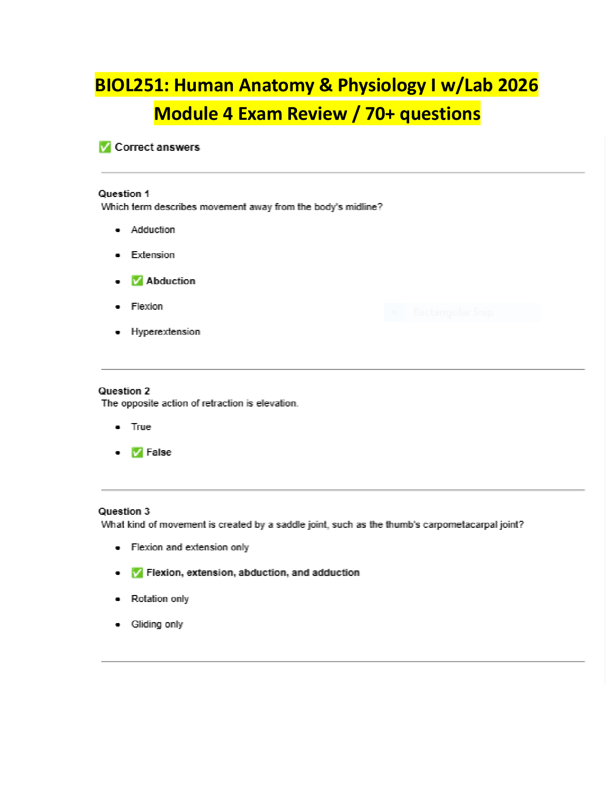 Preview image for BIOL251: Human Anatomy & Physiology I w/Lab 2026  Module 4 Exam Review / 70+ questions