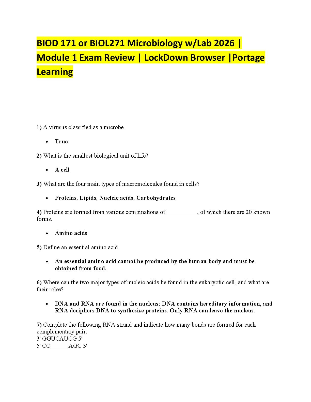 Preview image for BIOD 171 or BIOL271 Microbiology w/Lab 2026 |  Module 1 Exam Review | LockDown Browser |Portage  Learning