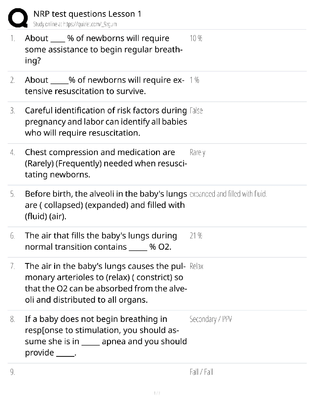 NRP Test Questions Lesson 1 / Neonatal Resuscitation Guide / 2025 Update / Score 100%