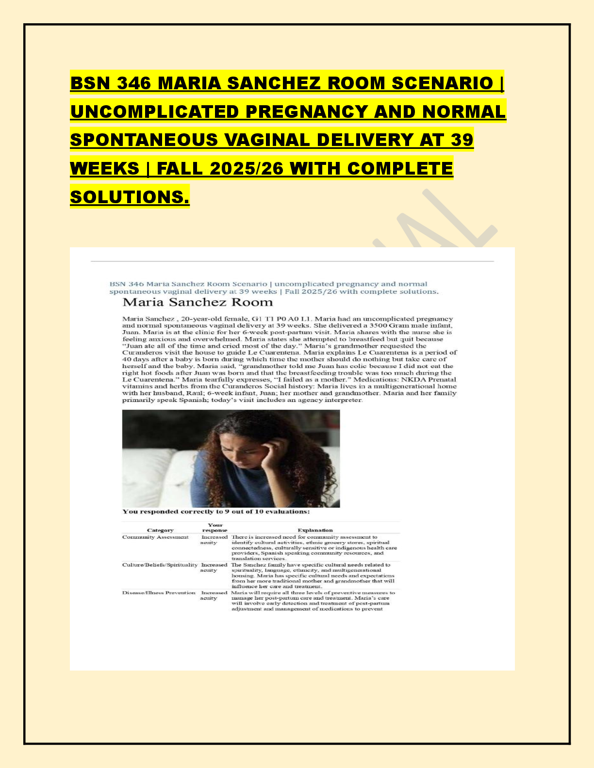 Preview image for BSN 346 MARIA SANCHEZ ROOM SCENARIO | UNCOMPLICATED PREGNANCY AND NORMAL SPONTANEOUS VAGINAL DELIVERY AT 39 WEEKS | FALL 2025/26 WITH COMPLETE SOLUTIONS.