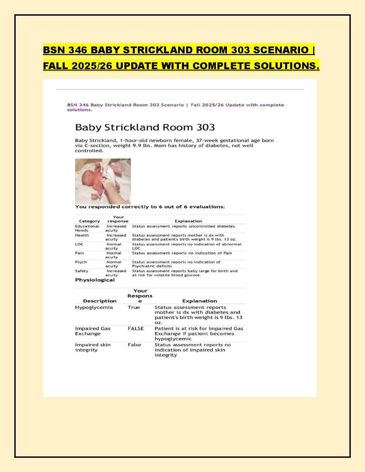 Preview image for BSN 346 BABY STRICKLAND ROOM 303 SCENARIO | FALL 2025/26 UPDATE WITH COMPLETE SOLUTIONS.