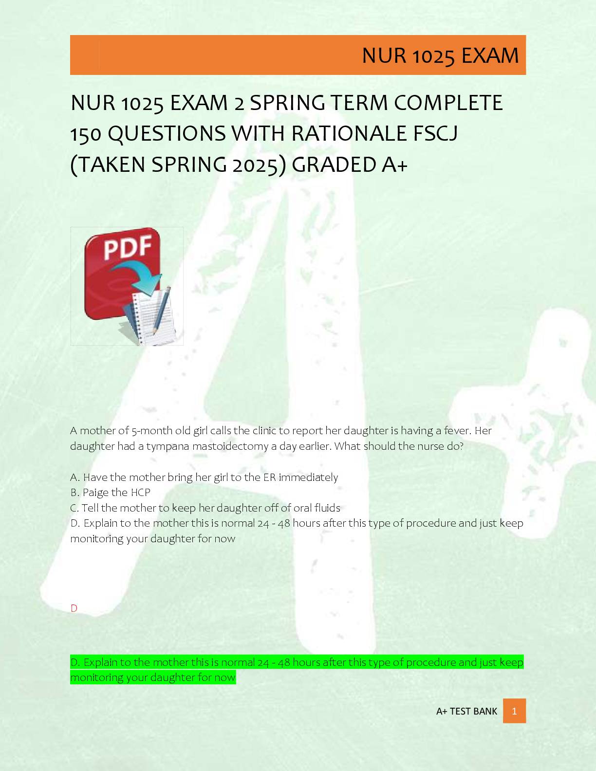 Preview image for NUR 1025 EXAM 2 SPRING TERM COMPLETE  150 QUESTIONS WITH RATIONALE FSCJ  (TAKEN SPRING 2025) GRADED A+