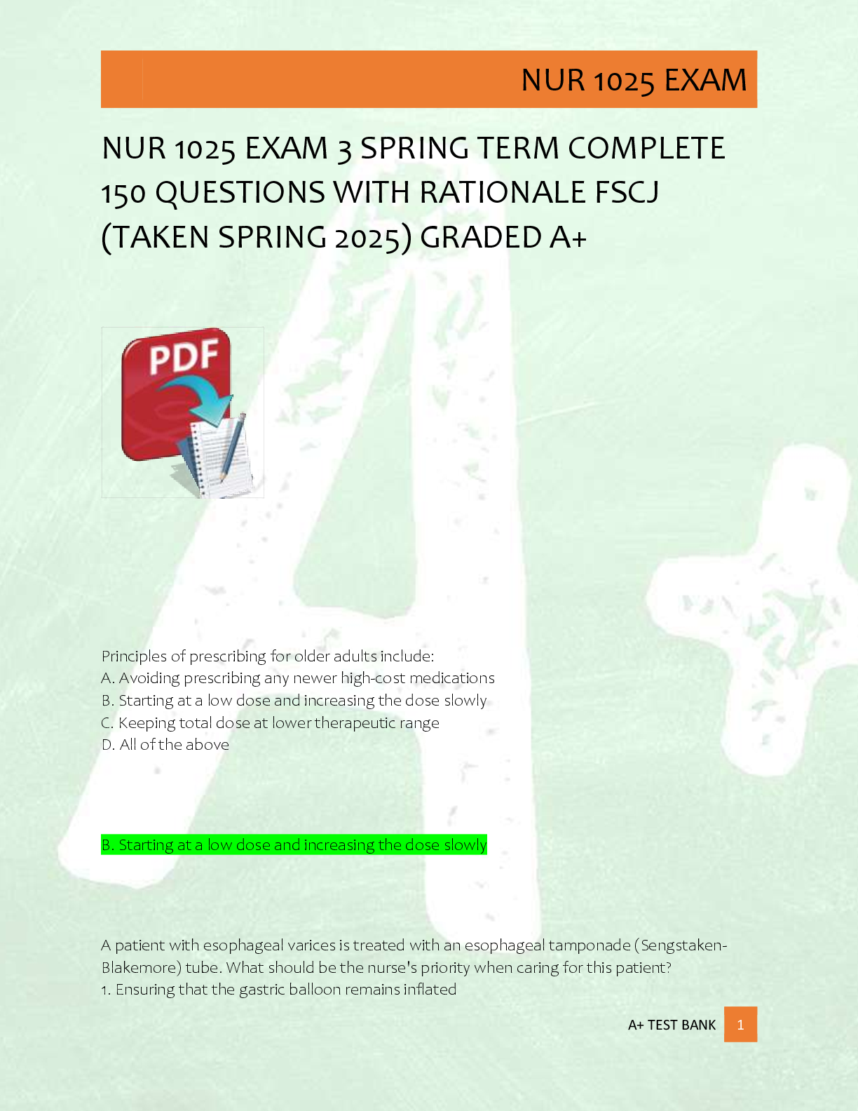 Preview image for NUR 1025 EXAM 3 SPRING TERM COMPLETE  150 QUESTIONS WITH RATIONALE FSCJ  (TAKEN SPRING 2025) GRADED A+