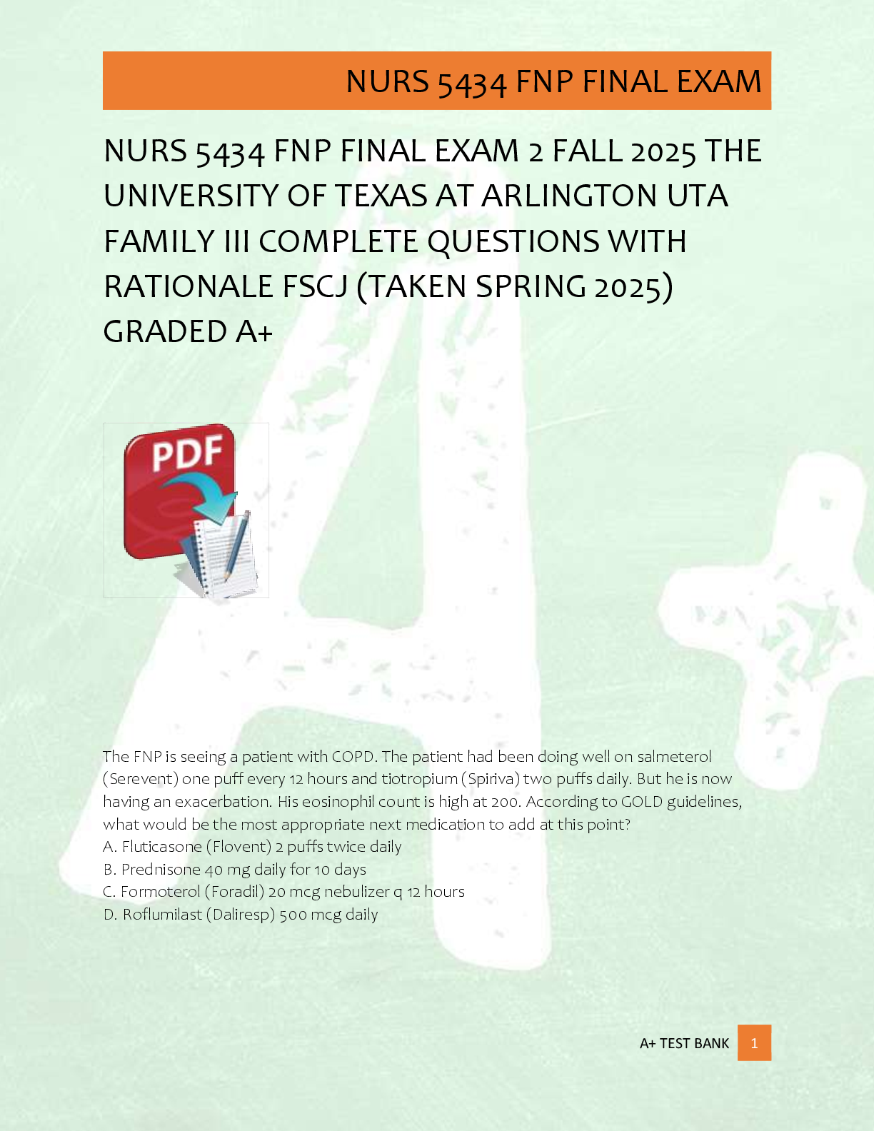 Preview image for NURS 5434 FNP FINAL EXAM 2 FALL 2025 THE  UNIVERSITY OF TEXAS AT ARLINGTON UTA  FAMILY III COMPLETE QUESTIONS WITH  RATIONALE FSCJ (TAKEN SPRING 2025)  GRADED A+