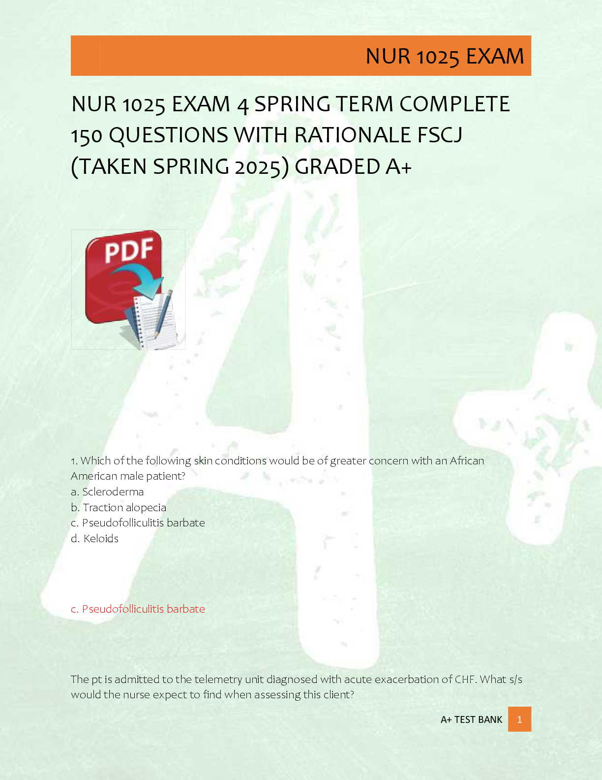 Preview image for NUR 1025 EXAM 4 SPRING TERM COMPLETE  150 QUESTIONS WITH RATIONALE FSCJ  (TAKEN SPRING 2025) GRADED A+