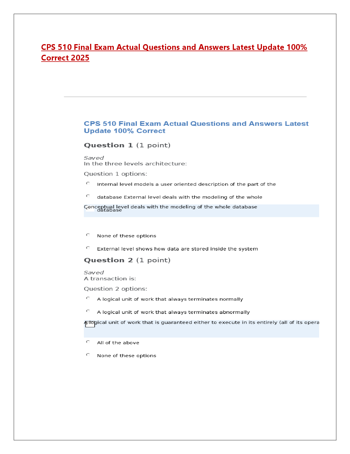 Preview image for CPS 510 Final Exam Actual Questions and Answers Latest Update 100%  Correct 2025