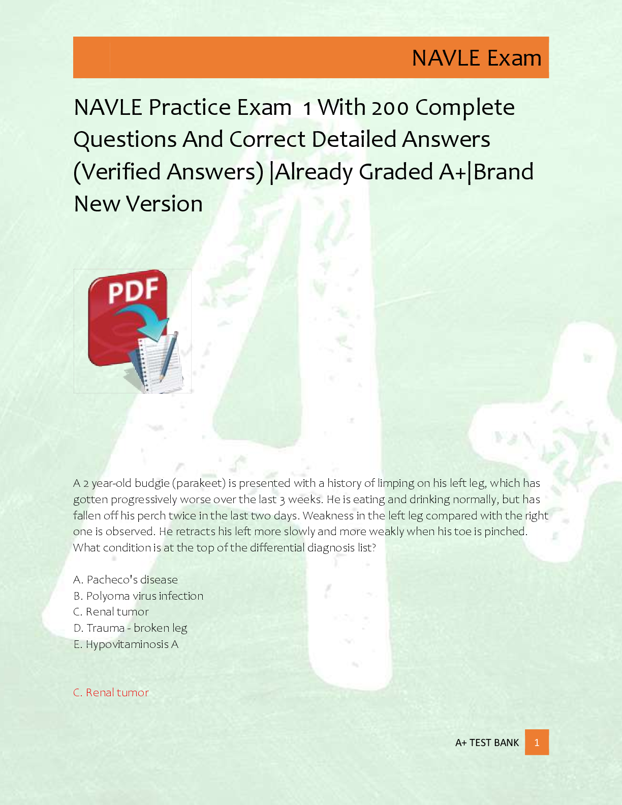 Preview image for NAVLE Practice Exam  1 With 200 Complete  Questions And Correct Detailed Answers  (Verified Answers) |Already Graded A+|Brand  New Version