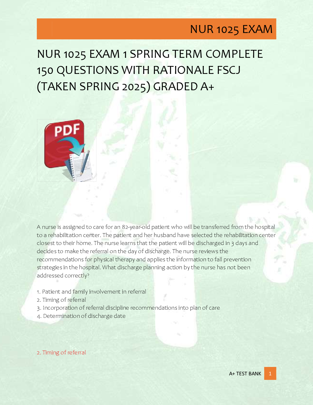 Preview image for NUR 1025 EXAM 1 SPRING TERM COMPLETE  150 QUESTIONS WITH RATIONALE FSCJ  (TAKEN SPRING 2025) GRADED A+