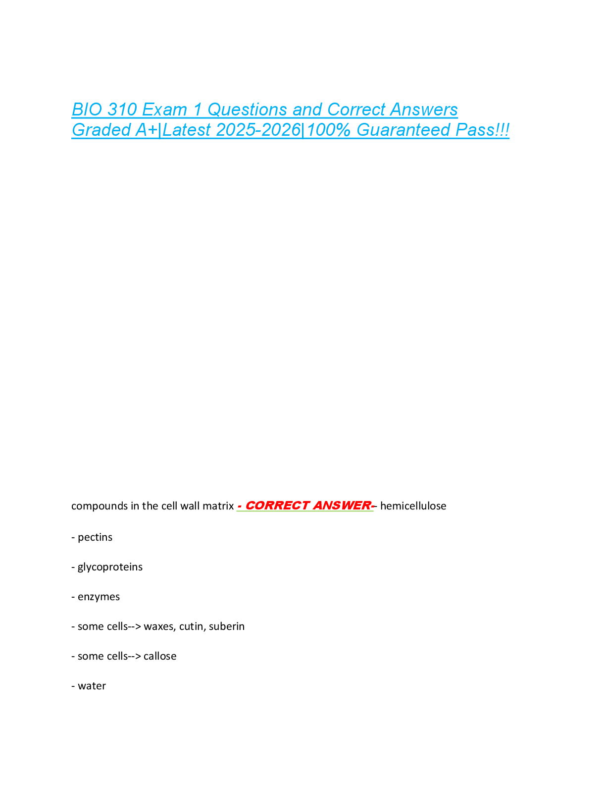 Preview image for BIO 310 Exam 1 Questions and Correct Answers  Graded A+|Latest 2025-2026|100% Guaranteed Pass!