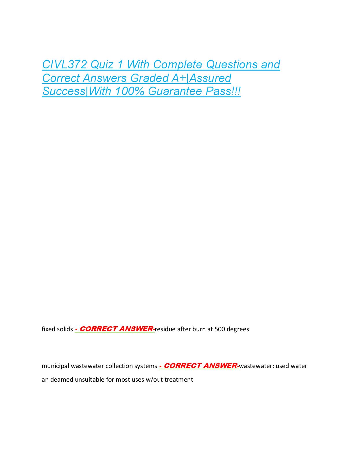 Preview image for CIVL372 Quiz 1 With Complete Questions and  Correct Answers Graded A+|Assured  Success|With 100% Guarantee Pass!!!