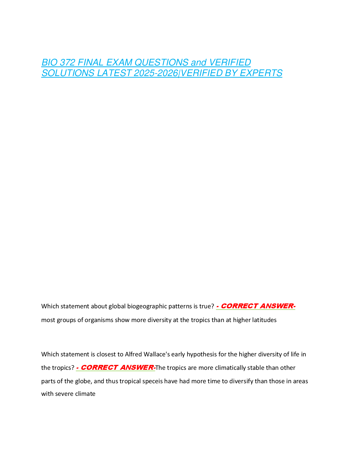 BIO 372 FINAL EXAM QUESTIONS and VERIFIED  SOLUTIONS LATEST 2025-2026|VERIFIED BY EXPERTS