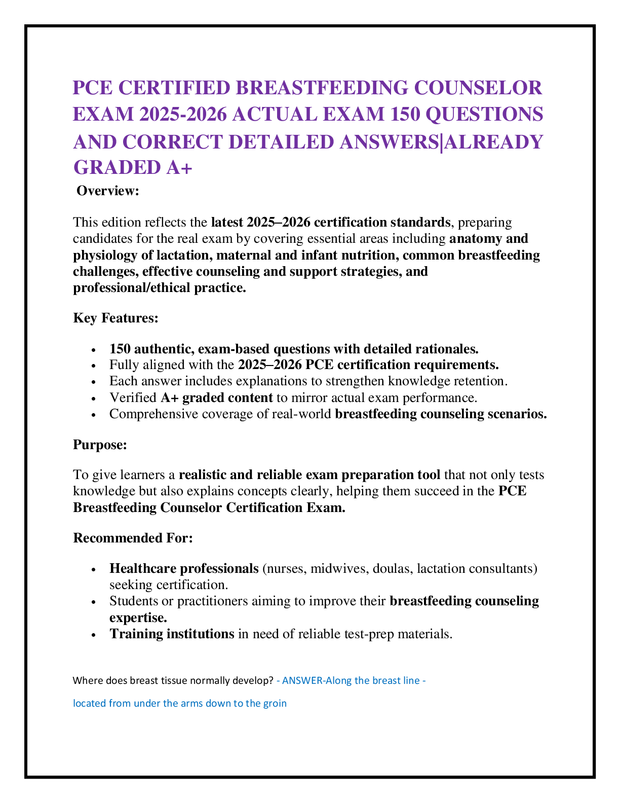 Preview of PCE CERTIFIED BREASTFEEDING COUNSELOR  EXAM 2025-2026 ACTUAL EXAM 150 QUESTIONS  AND CORRE