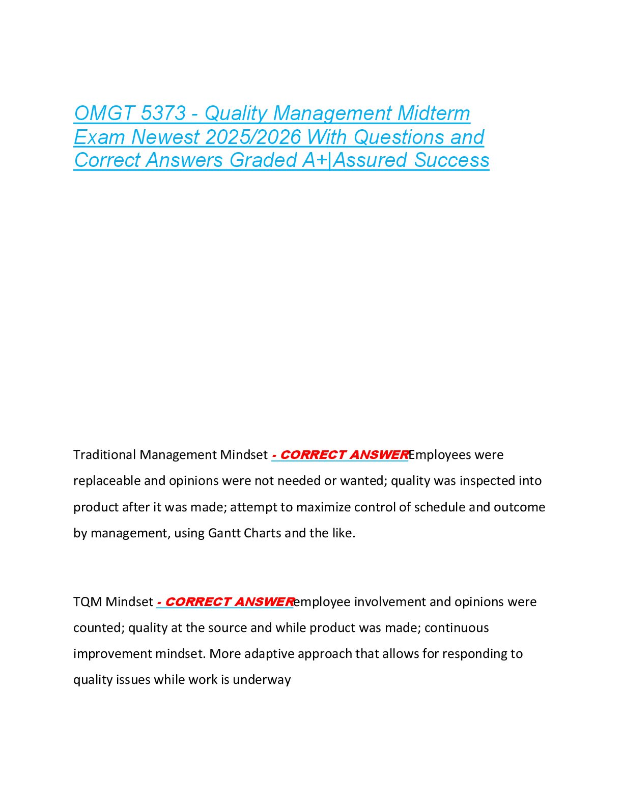 Preview image for OMGT 5373 - Quality Management Midterm  Exam Newest 2025/2026 With Questions and  Correct Answers Graded A+|Assured Success