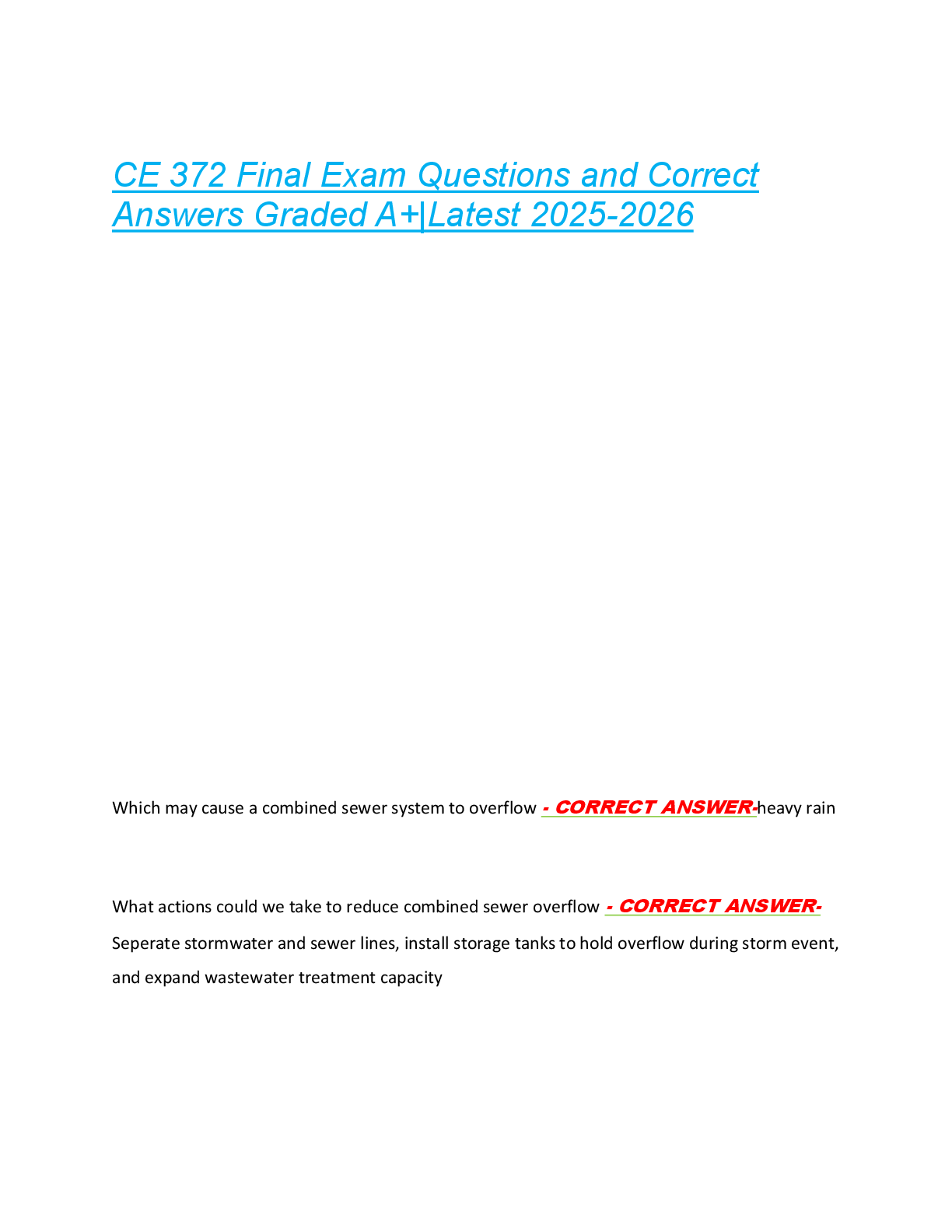 Recommended document preview for CE 372 Final Exam Questions and Correct  Answers Graded A+|Latest 2025-2026