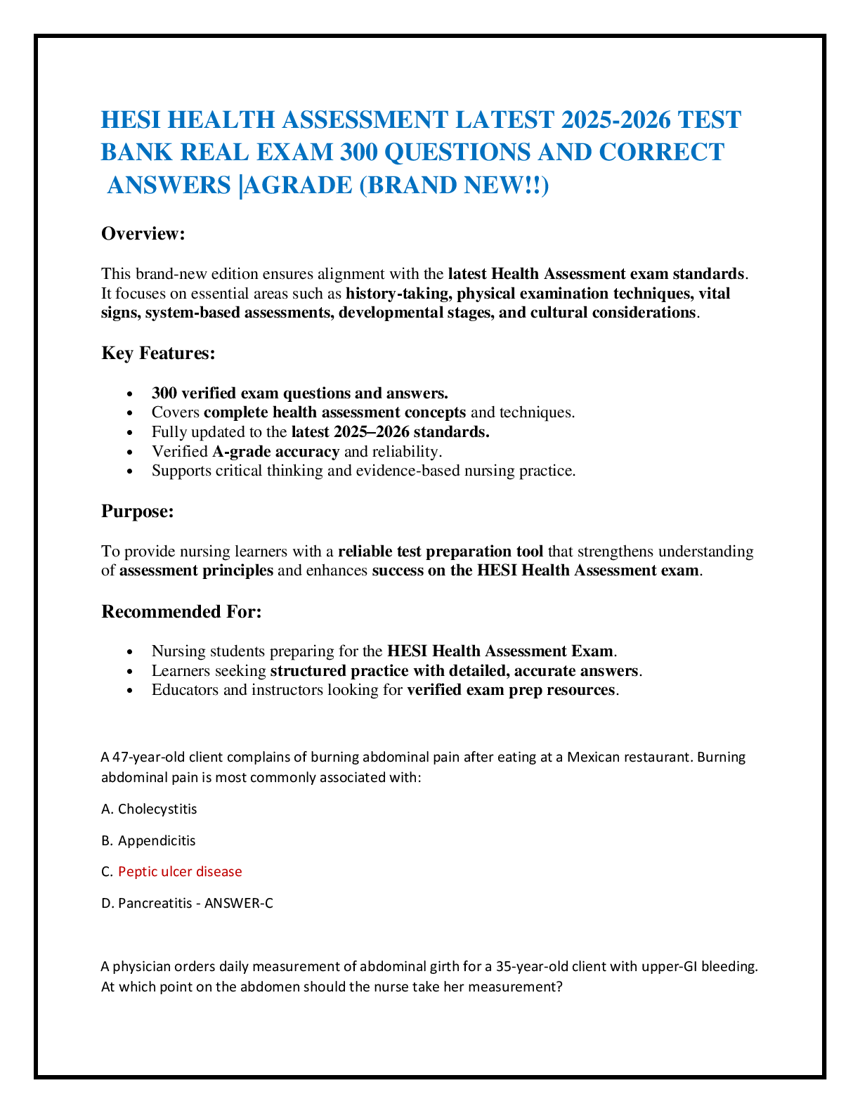 Preview of HESI HEALTH ASSESSMENT LATEST 2025-2026 TEST  BANK REAL EXAM 300 QUESTIONS AND CORRECT   ANSWERS |AGRADE (BRAND NEW!!)