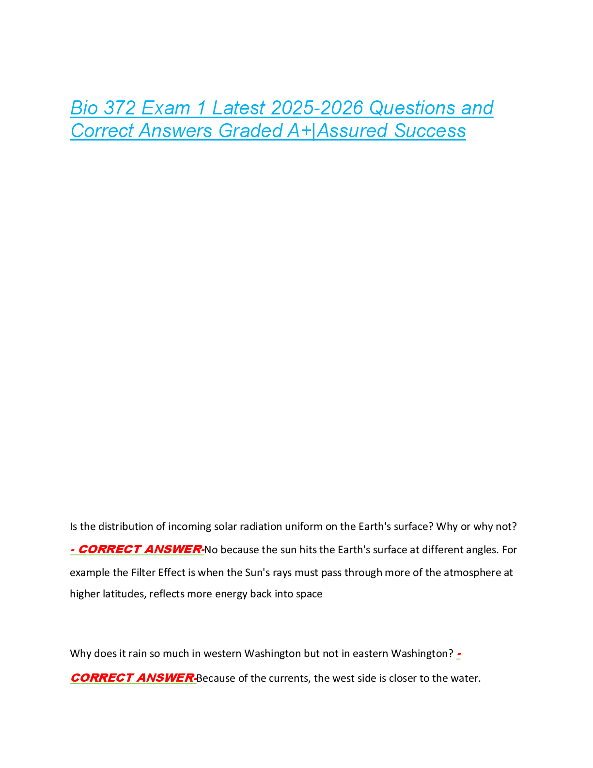 Bio 372 Exam 1 Latest 2025-2026 Questions and  Correct Answers Graded A+|Assured Success