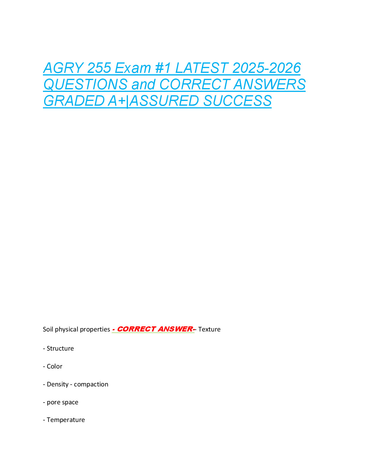Preview image for AGRY 255 Exam #1 LATEST 2025-2026  QUESTIONS and CORRECT ANSWERS  GRADED A+|ASSURED SUCCESS