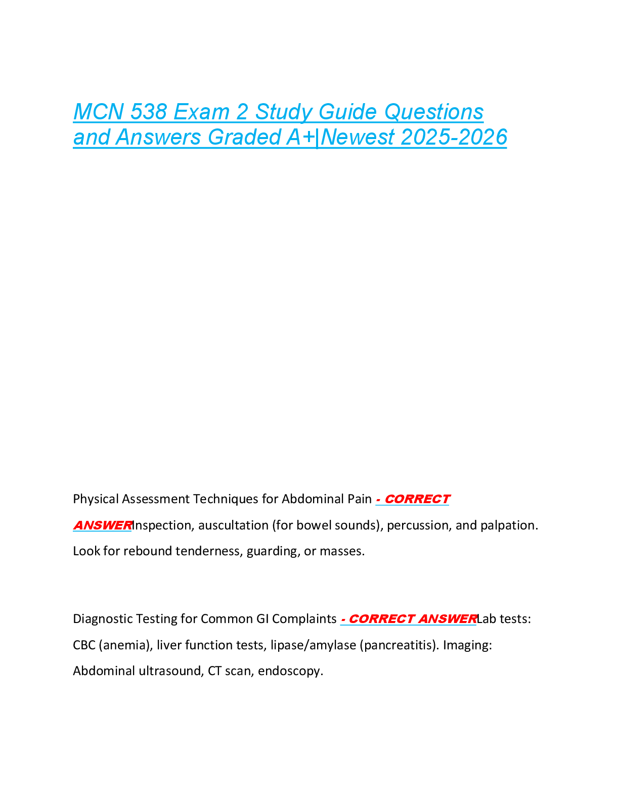 MCN 538 Exam 2 Study Guide Questions  and Answers Graded A+|Newest 2025-2026