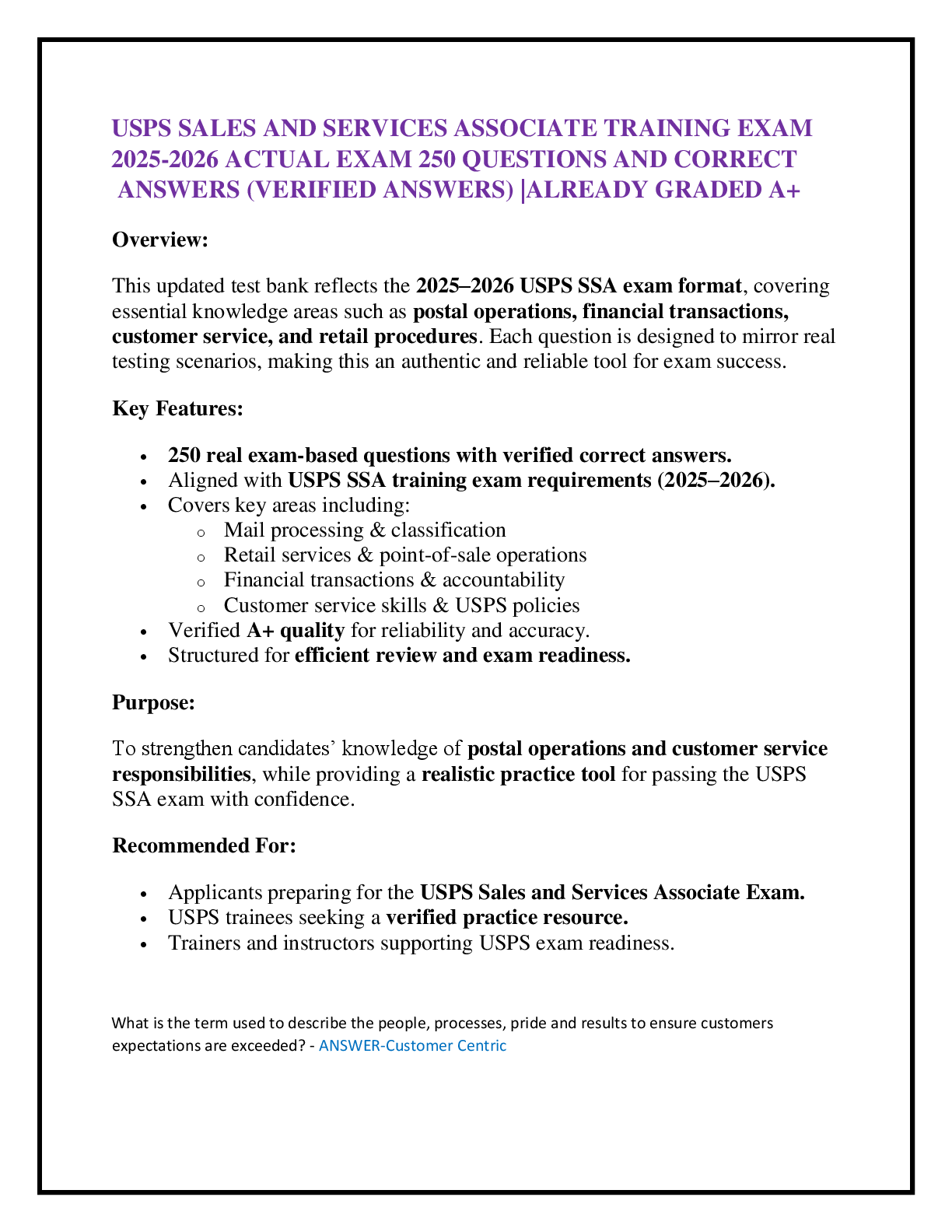 Preview of USPS SALES AND SERVICES ASSOCIATE TRAINING EXAM  2025-2026 ACTUAL EXAM 250 QUESTIONS AND C
