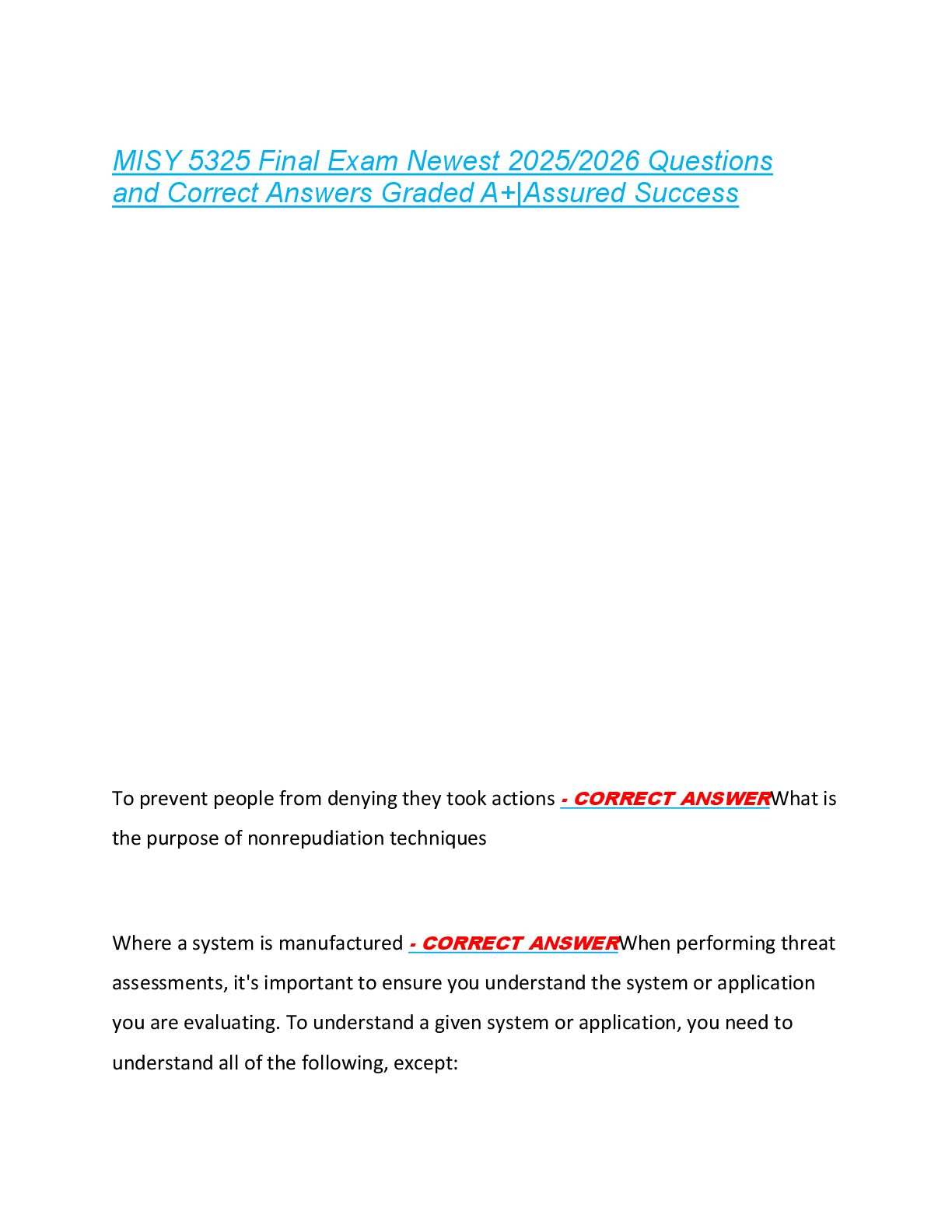 MISY 5325 Final Exam Newest 2025/2026 Questions  and Correct Answers Graded A+|Assured Success