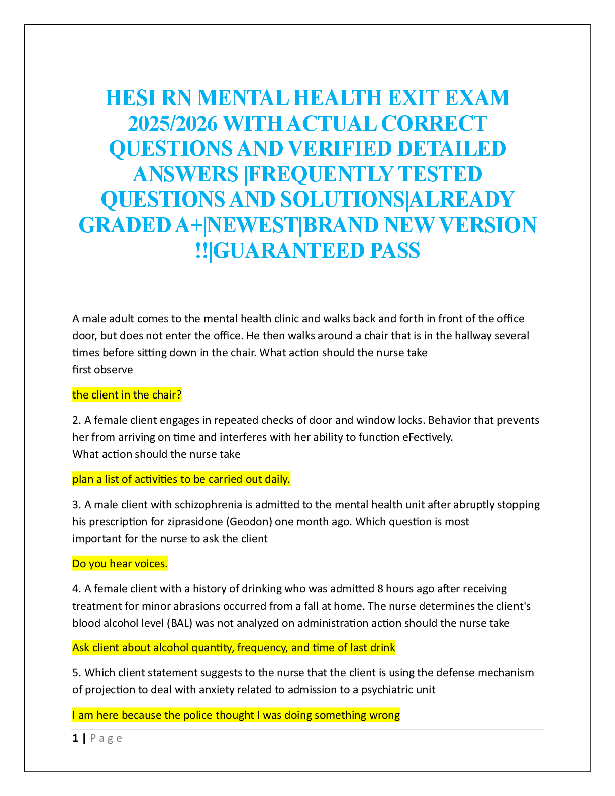 Recommended document preview for HESI RN MENTAL HEALTH EXIT EXAM   