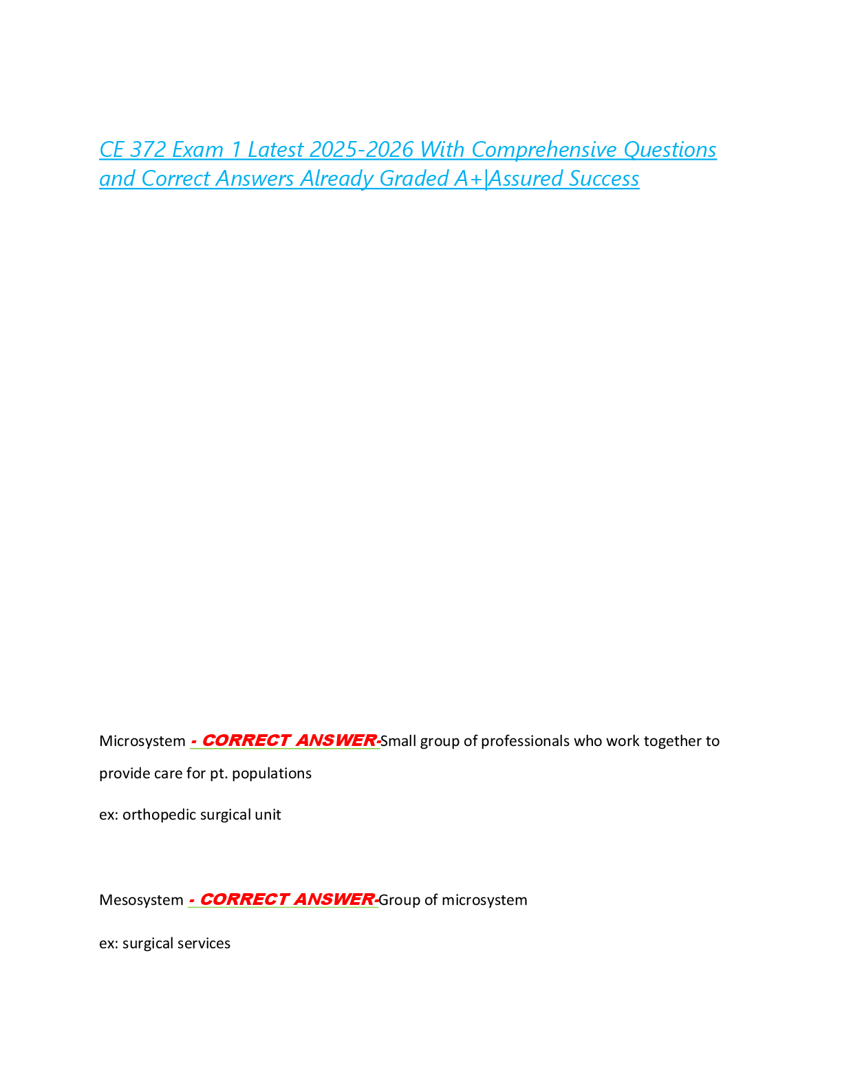 Recommended document preview for CE 372 Exam 1 Latest 2025-2026 With Comprehensive Questions  and Correct Answers Already Graded A+|Assured Success