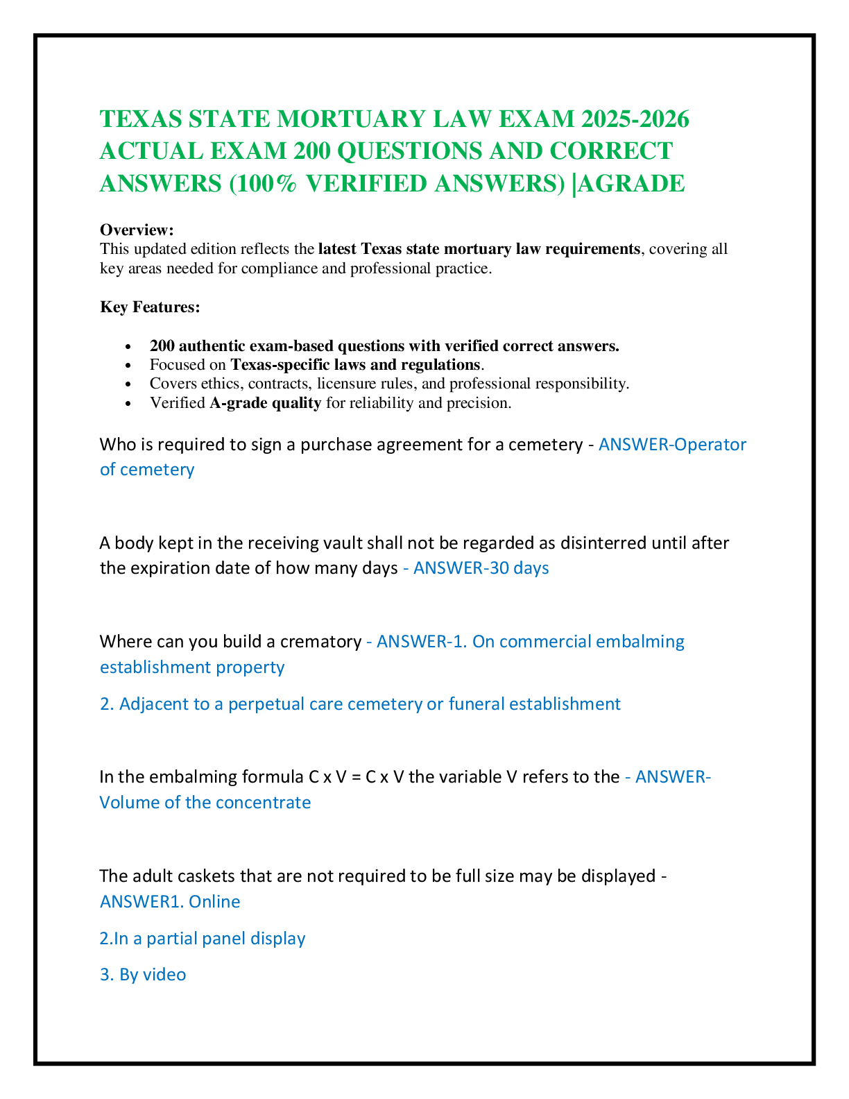 Preview of TEXAS STATE MORTUARY LAW EXAM 2025-2026  ACTUAL EXAM 200 QUESTIONS AND CORRECT  ANSWERS (100% VERIFIED ANSWERS) |AGRADE