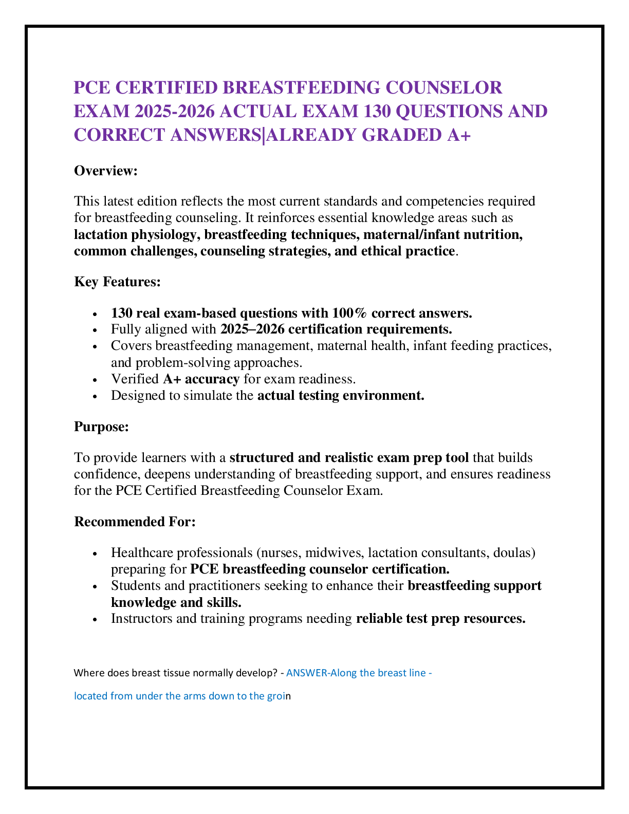 Preview of PCE CERTIFIED BREASTFEEDING COUNSELOR  EXAM 2025-2026 ACTUAL EXAM 130 QUESTIONS AND  CORRE