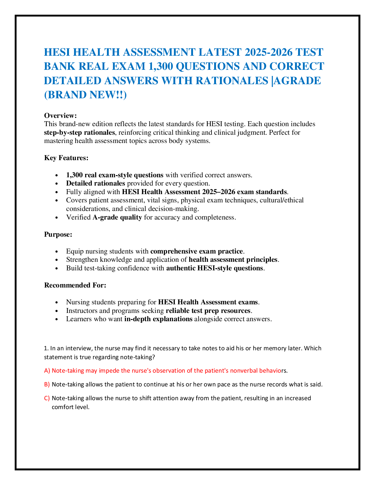 Preview of HESI HEALTH ASSESSMENT LATEST 2025-2026 TEST  BANK REAL EXAM 1,300 QUESTIONS AND CORRECT  DETAILED ANSWERS WITH RATIONALES |AGRADE (BRAND NEW!!)