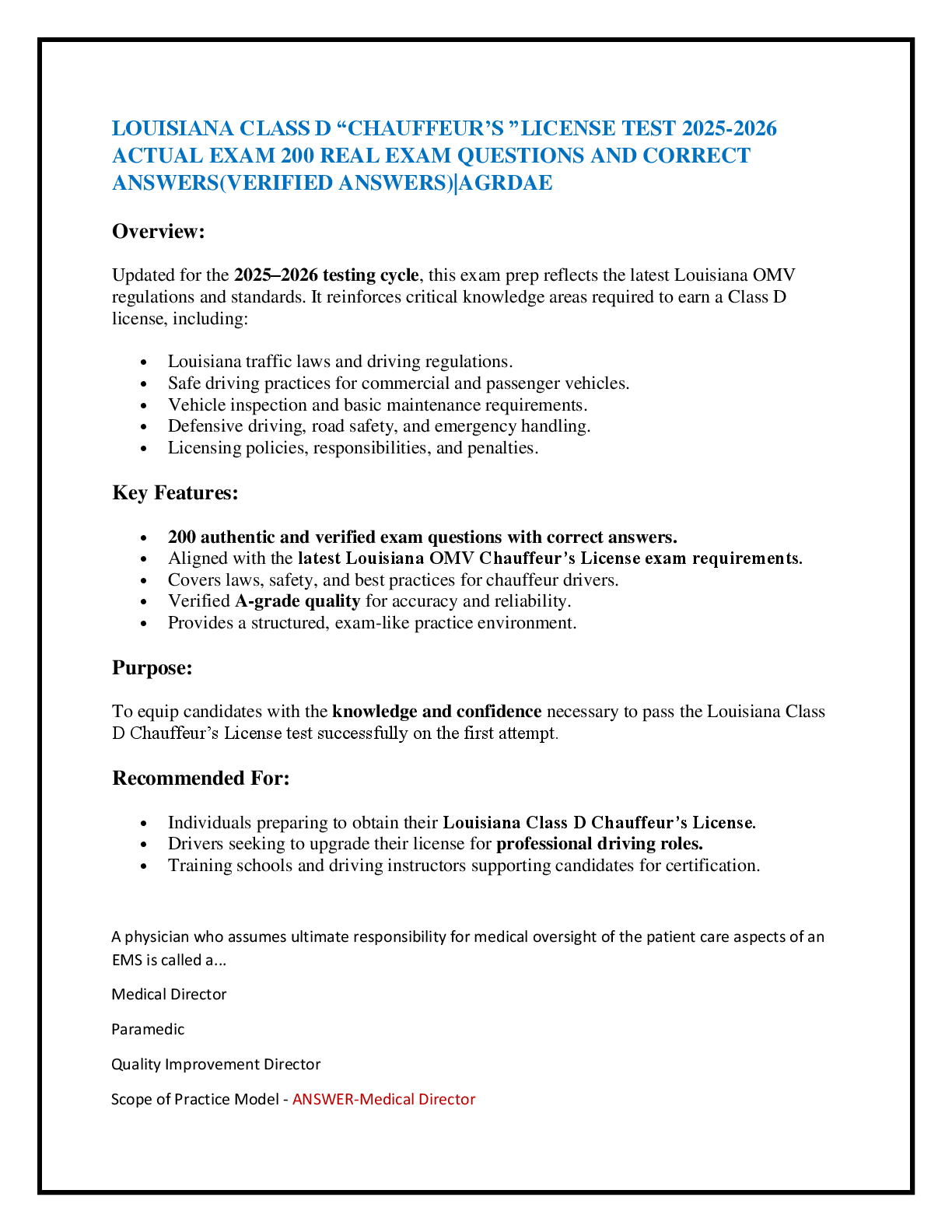 Preview of LOUISIANA CLASS D “CHAUFFEUR’S ”LICENSE TEST 2025-2026 ACTUAL EXAM 200 REAL EXAM QUESTIONS AND CORRECT ANSWERS(VERIFIED ANSWERS)|AGRDAE