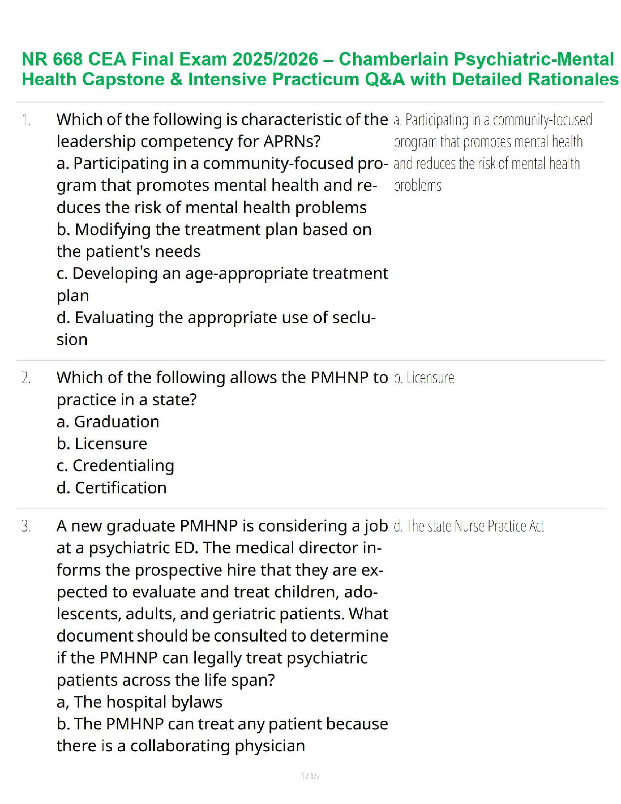 NR 668 CEA Final Exam 2025/2026 Update – Chamberlain Psychiatric-Mental Health Capstone & Intensive Practicum Q&A
