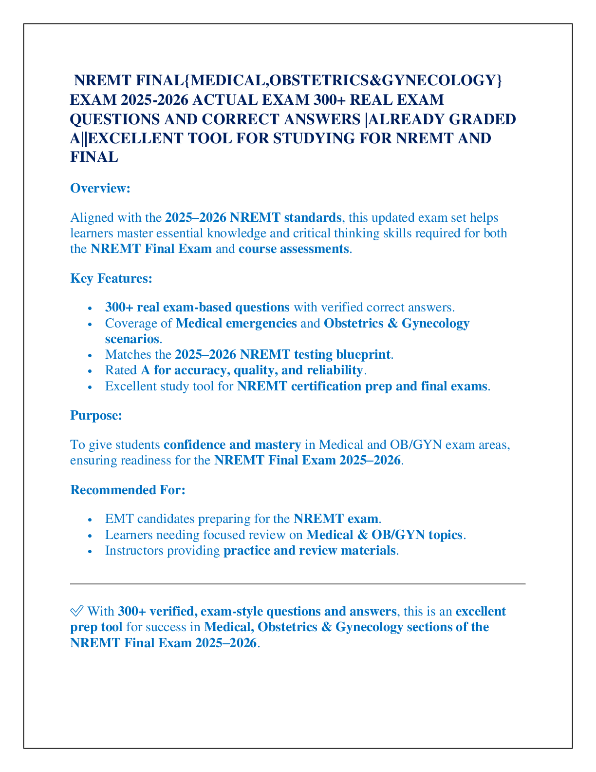 NREMT FINAL{MEDICAL,OBSTETRICS&GYNECOLOGY}  EXAM 2025-2026 ACTUAL EXAM 300+ REAL EXAM  QUESTIONS AND CORRECT ANSWERS |ALREADY GRADED  A||EXCELLENT TOOL FOR STUDYING FOR NREMT AND FINAL