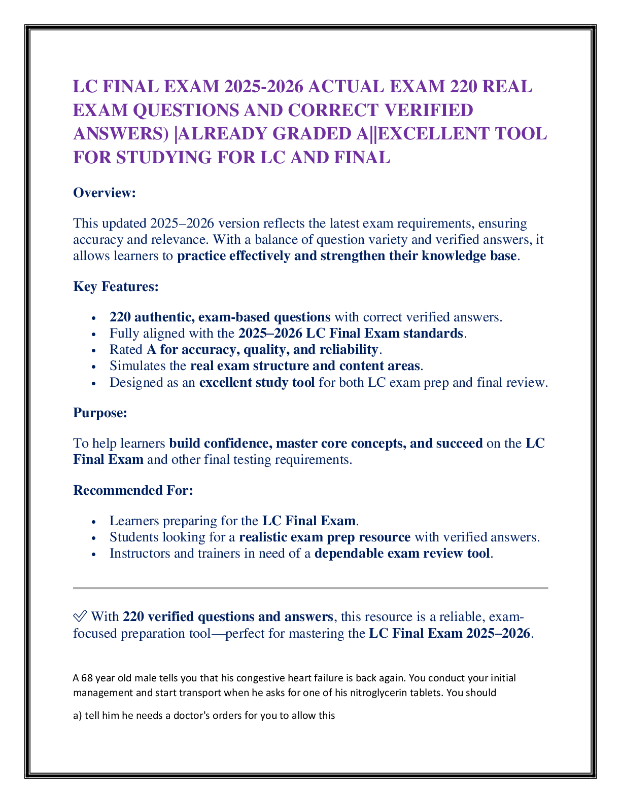 Preview image for LC FINAL EXAM 2025-2026 ACTUAL EXAM 220 REAL  EXAM QUESTIONS AND CORRECT VERIFIED ANSWERS) |ALREADY GRADED A||EXCELLENT TOOL FOR STUDYING FOR LC AND FINAL