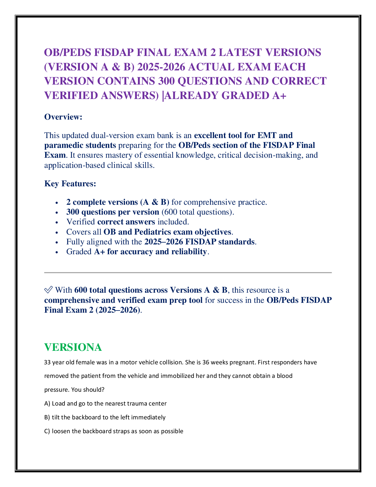 Preview of OB/PEDS FISDAP FINAL EXAM 2 LATEST VERSIONS  (VERSION A & B) 2025-2026 ACTUAL EXAM EACH  V