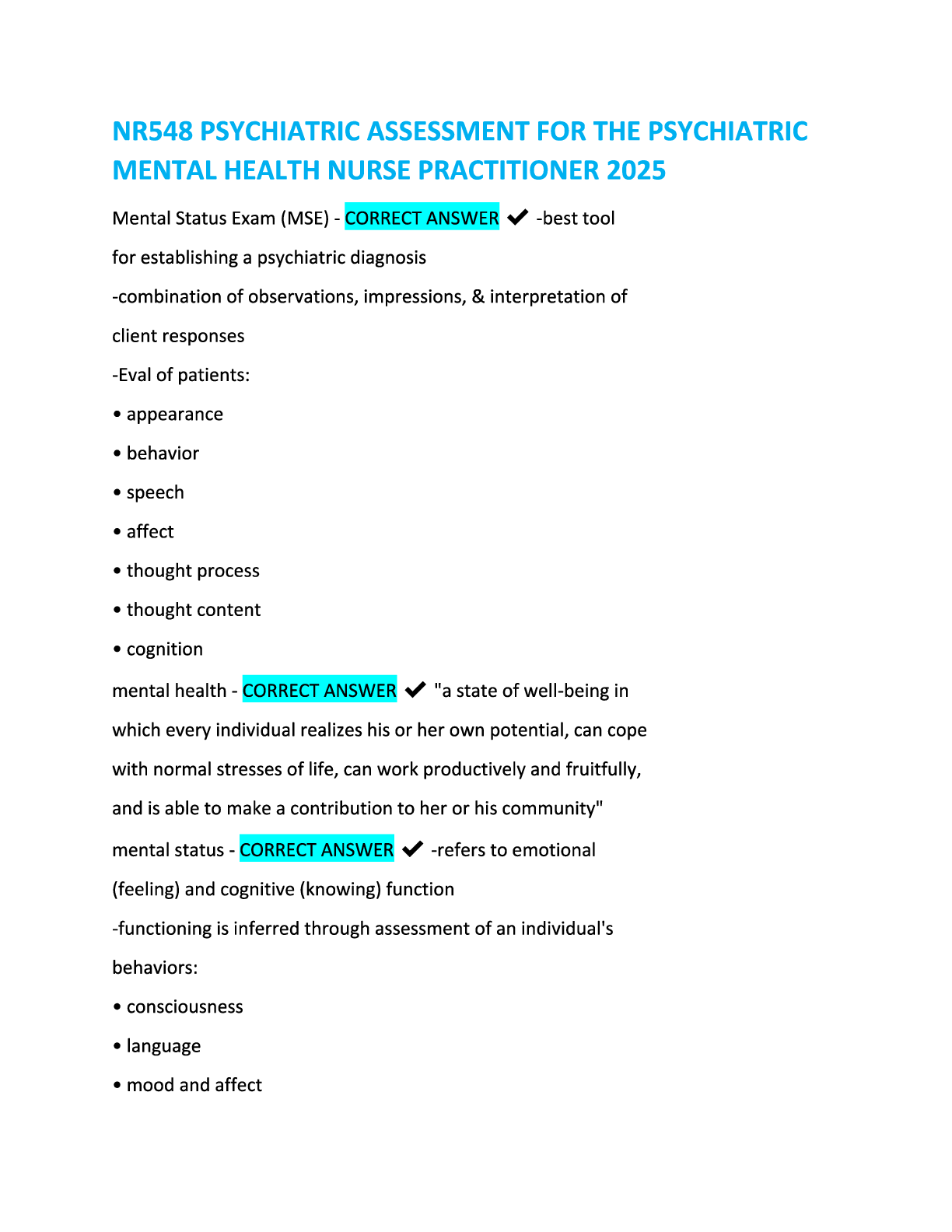 Preview image for NR548 Psychiatric Evaluation for the Psychiatric Mental Health Nurse Practitioner 2025.
