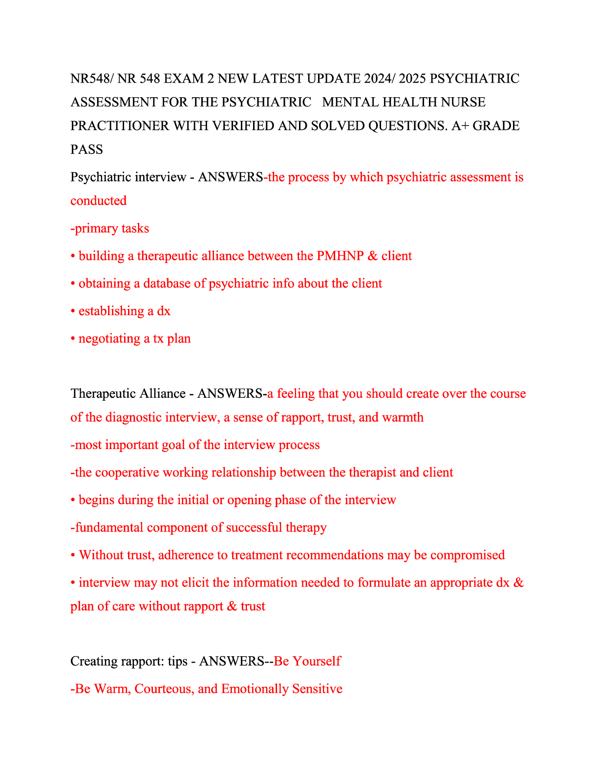 Preview image for NR548 NR 548 Exam 2 Latest Update 20242025 Psychiatric Assessment for the Psychiatric Mental Health Nurse Practitioner, including verified and solved questions. Guaranteed A+ grade pass..