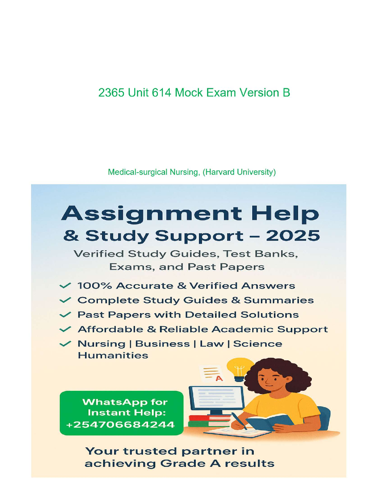 Preview image for 🩺 2365 Unit 614 – Medical-Surgical Nursing (Harvard University) Mock Exam Version B  Verified Questions and Correct Answers  Final Prep Resource  Grade A