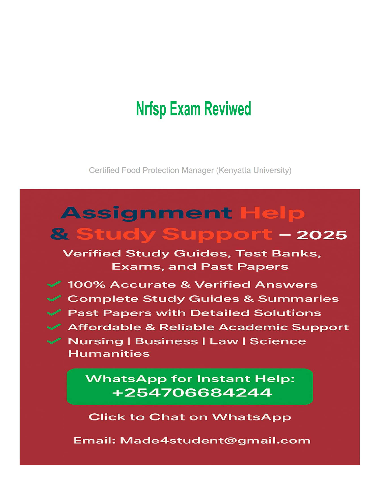 Preview image for 🍽️ NRFSP Exam Reviewed – Certified Food Protection Manager (Kenyatta University) Final Prep Resource  Verified Questions and Correct Answers  2025 Edition  Grade A