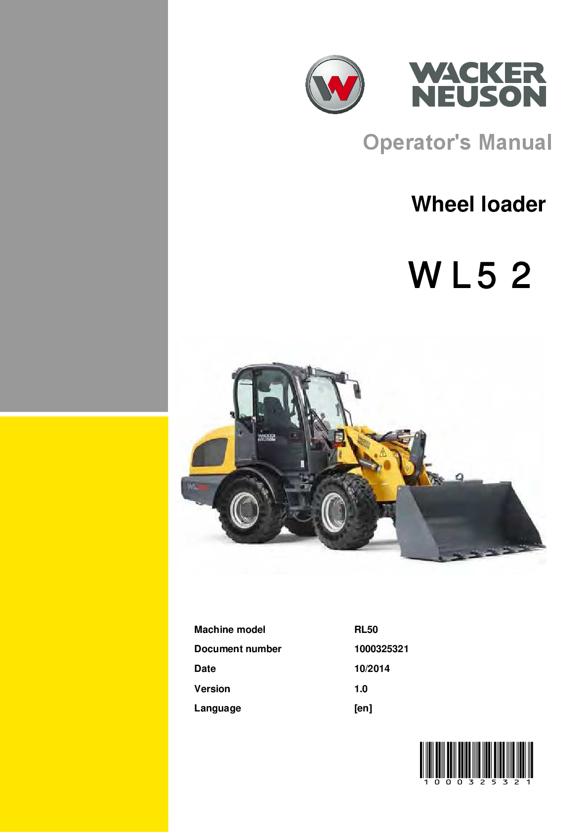 Preview image for WACKER NEUSON WL52 WHEEL LOADER OPERATORS MANUAL